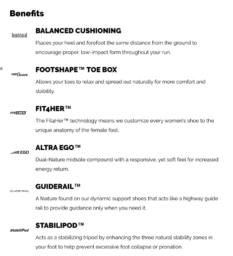 Product detail pages should clearly state the benefits in clear language simple enough for new shoppers to understand. This example from Altra Running contains explanations of their features.