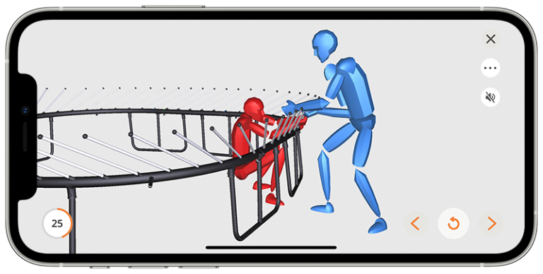 BILT app screen showing human figures in the proper body motion to install a Springfree Trampoline