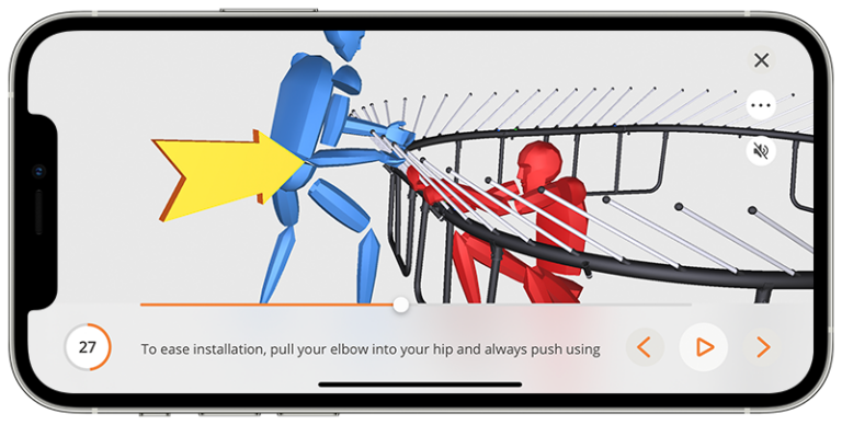 BILT app screen showing human figures installing Springfree Trampoline rod springs