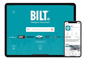A teal blue screen of the BILT app displays on a personal tablet device. To the right, a smart phone displays the BILT app for download on the App Store.